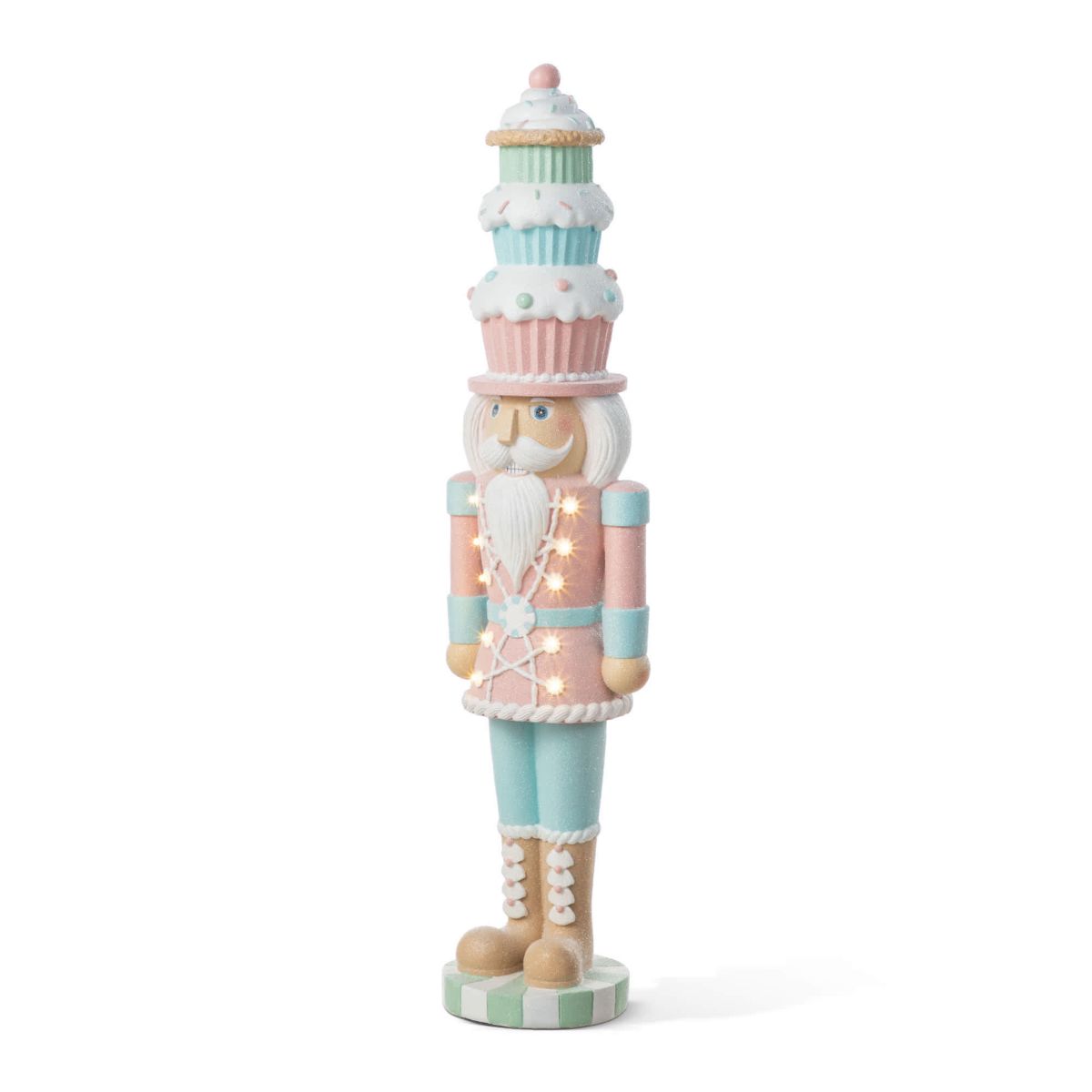 28"H Lighted Macaron Pink and Blue Resin Christmas Cupcake Nutcracker Porch Decor w/Timer
