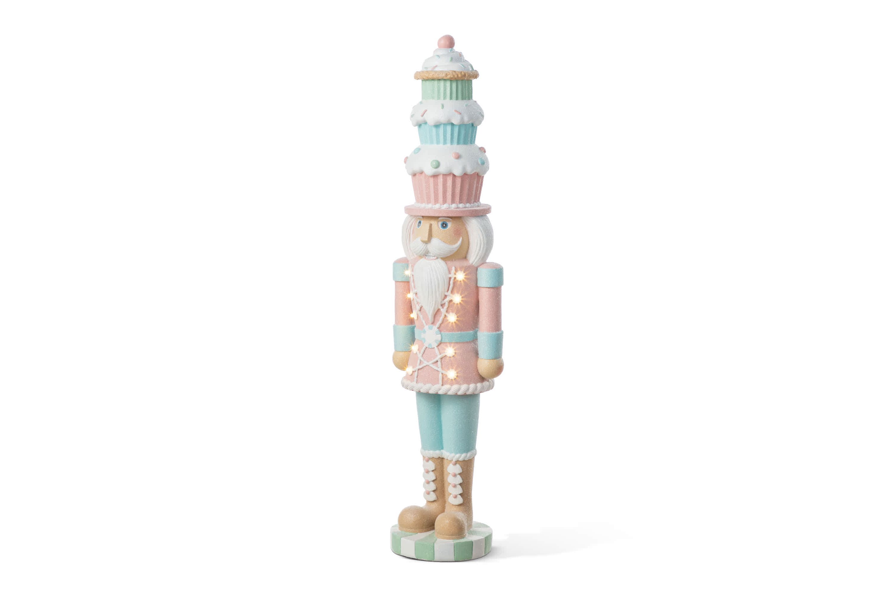 28"H Lighted Macaron Pink and Blue Resin Christmas Cupcake Nutcracker Porch Decor w/Timer