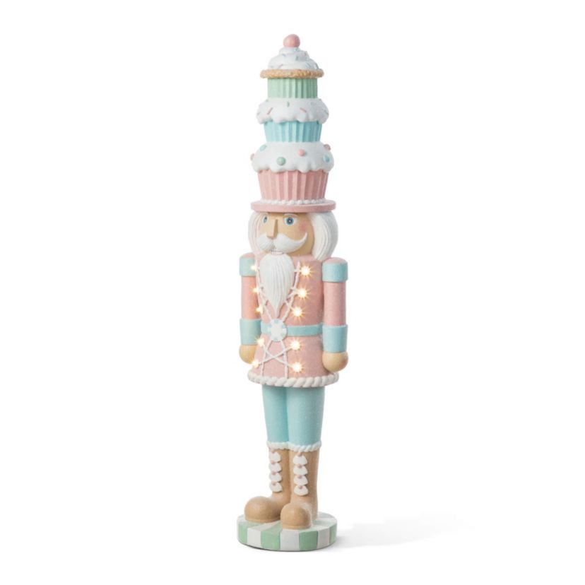 28"H Lighted Macaron Pink and Blue Resin Christmas Cupcake Nutcracker Porch Decor w/Timer