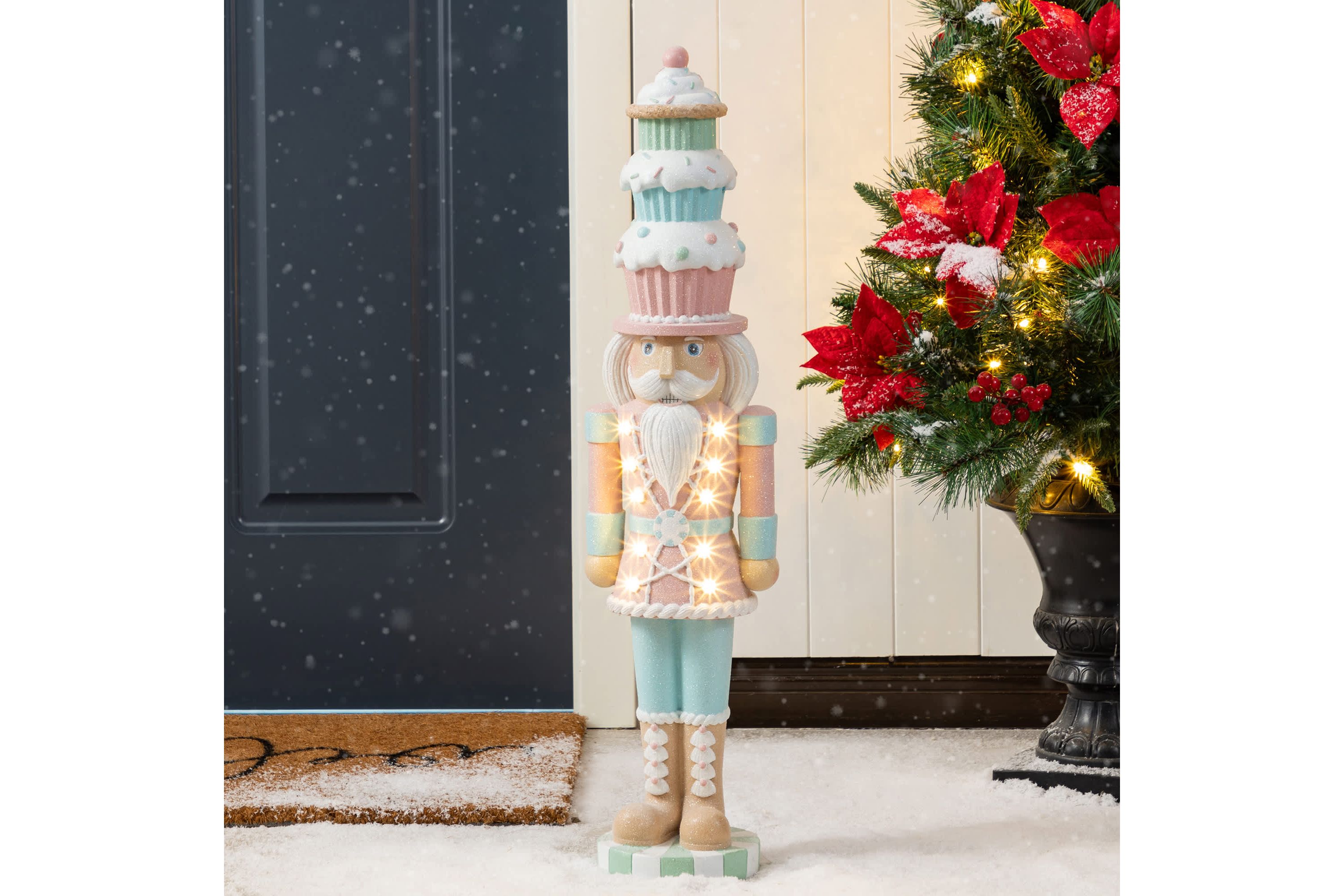 28"H Lighted Macaron Pink and Blue Resin Christmas Cupcake Nutcracker Porch Decor w/Timer