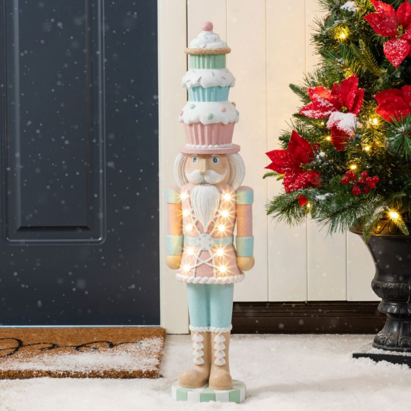 28"H Lighted Macaron Pink and Blue Resin Christmas Cupcake Nutcracker Porch Decor w/Timer