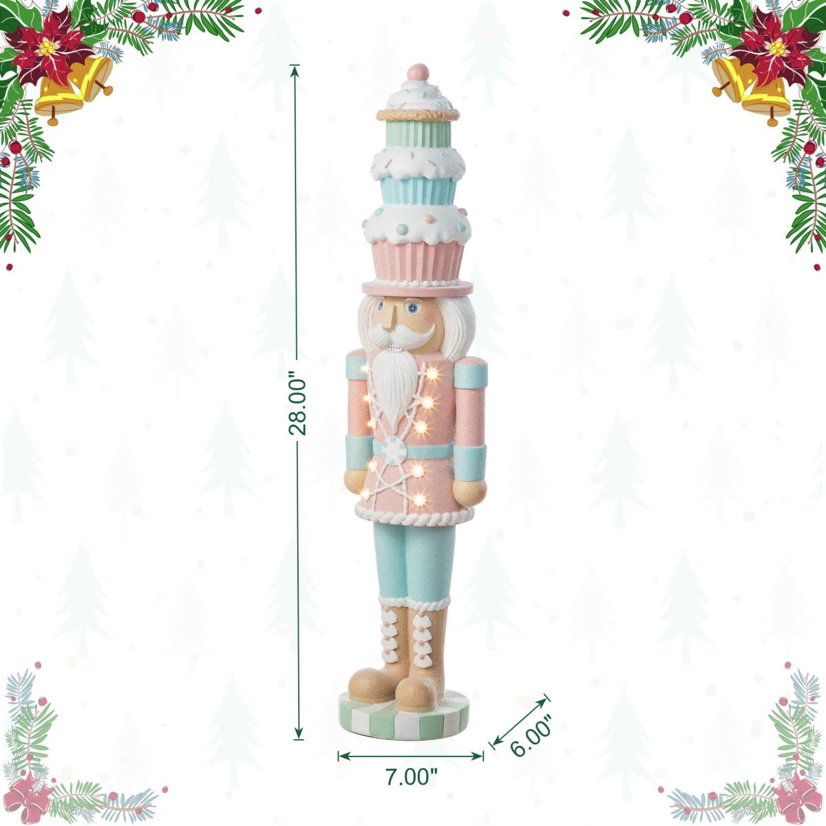 28"H Lighted Macaron Pink and Blue Resin Christmas Cupcake Nutcracker Porch Decor w/Timer