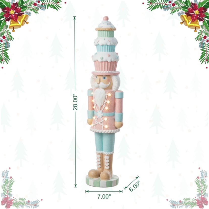 28"H Lighted Macaron Pink and Blue Resin Christmas Cupcake Nutcracker Porch Decor w/Timer