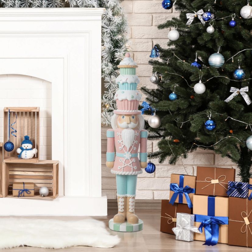 28"H Lighted Macaron Pink and Blue Resin Christmas Cupcake Nutcracker Porch Decor w/Timer