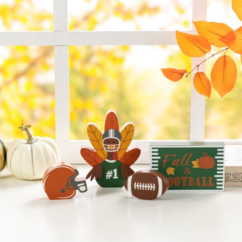 5.75"H S/4 Thanksgiving Wooden Turkey Table Decor Set