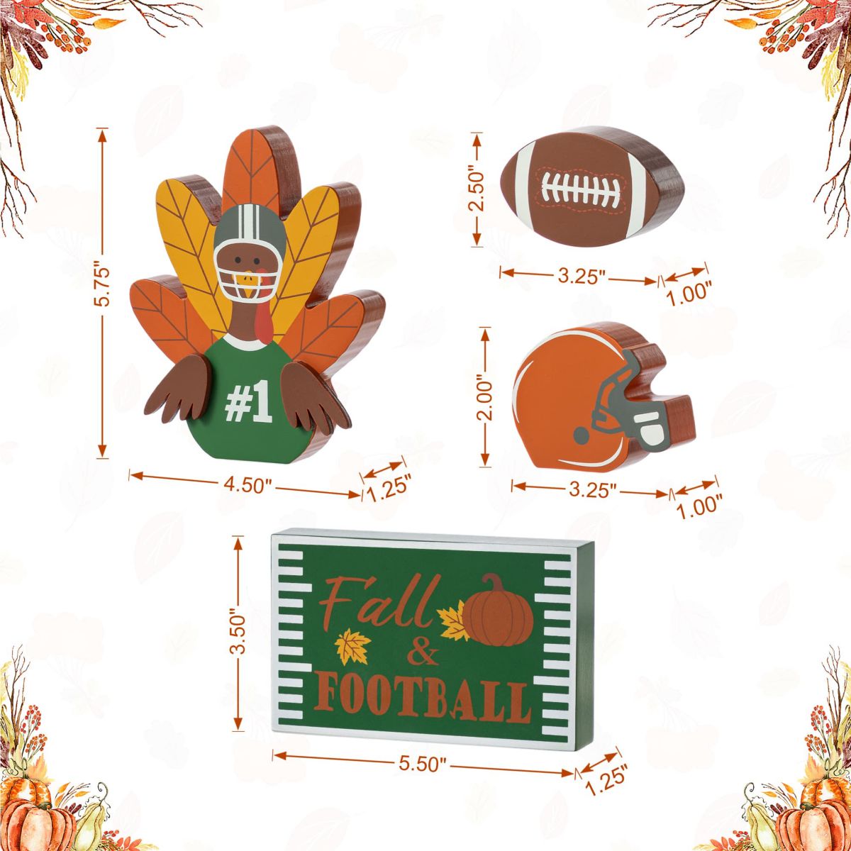 5.75"H S/4 Thanksgiving Wooden Turkey Table Decor Set
