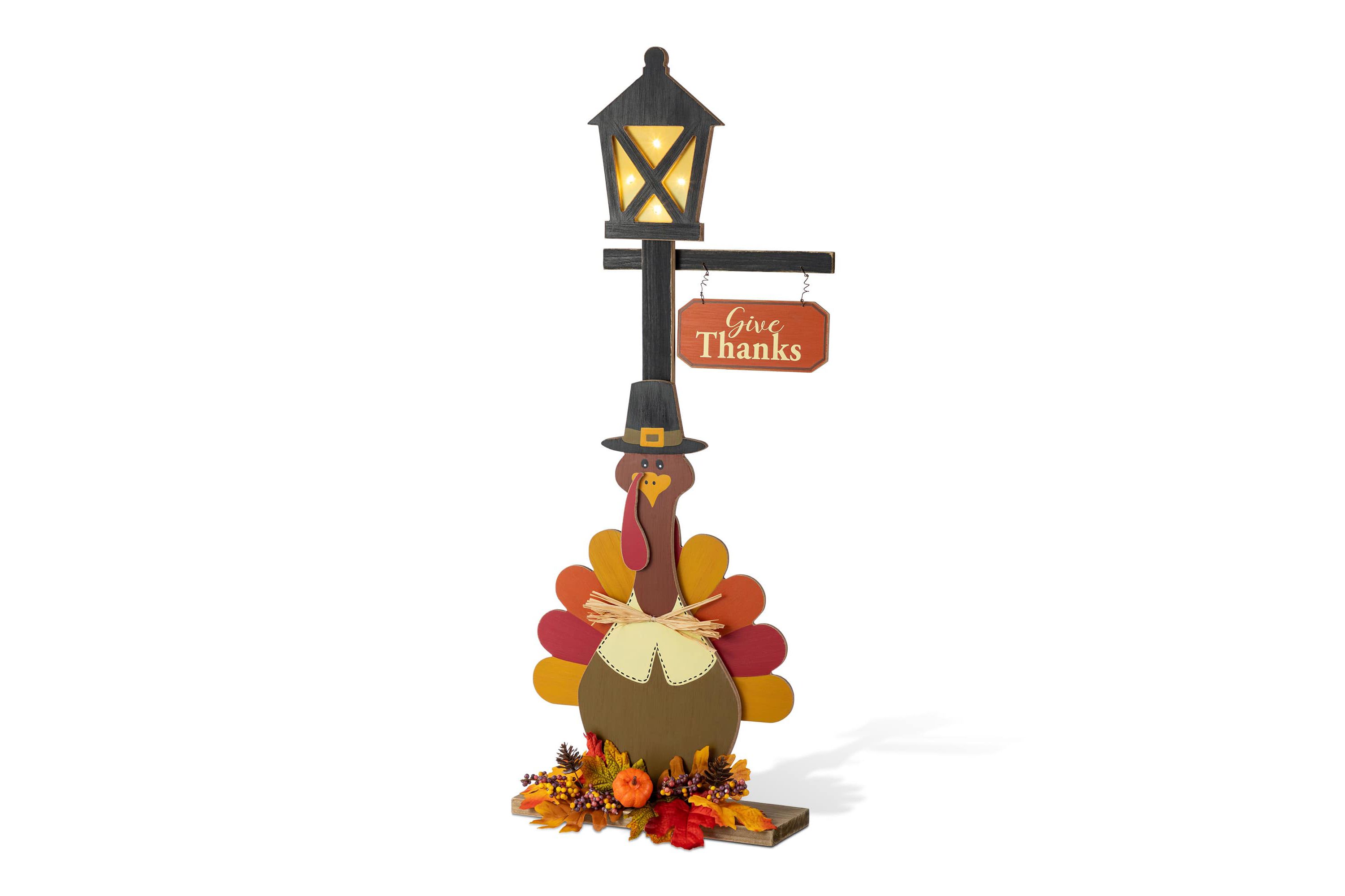 36"H Thanksgiving Lighted Wooden Turkey Lamp Post Porch Decor(KD)