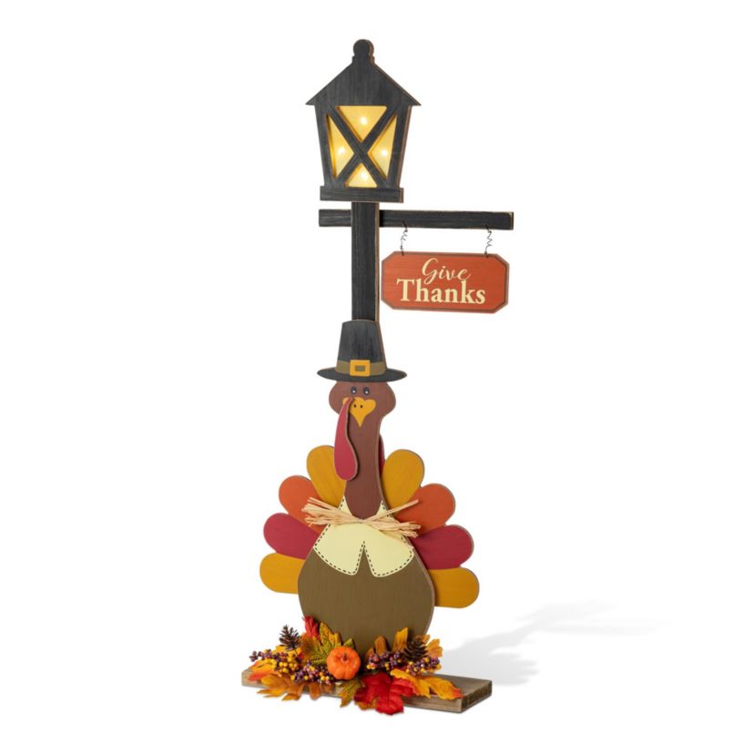36"H Thanksgiving Lighted Wooden Turkey Lamp Post Porch Decor(KD)