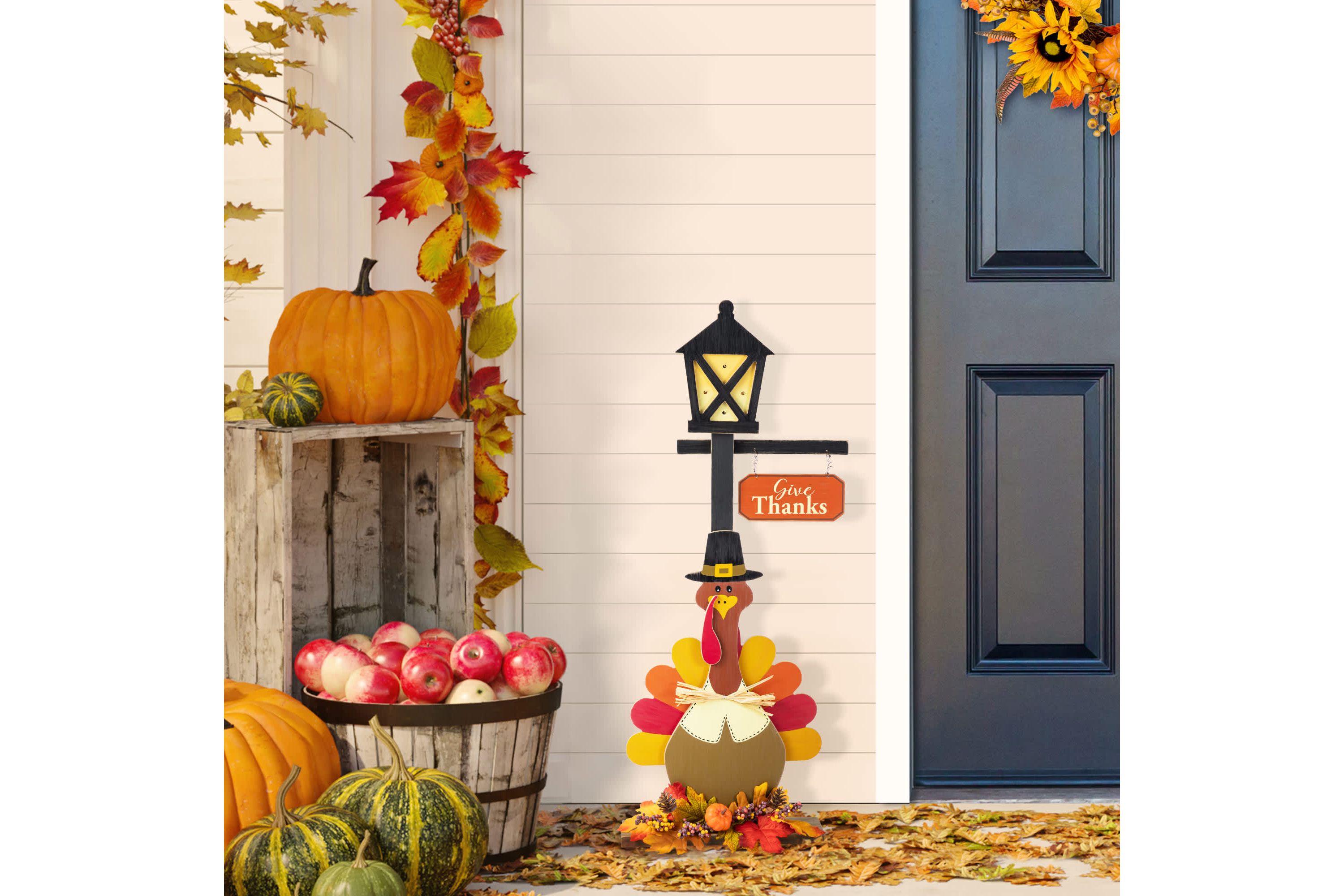 36"H Thanksgiving Lighted Wooden Turkey Lamp Post Porch Decor(KD)