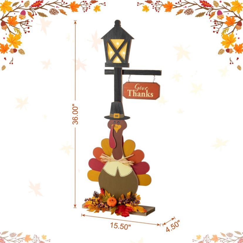36"H Thanksgiving Lighted Wooden Turkey Lamp Post Porch Decor(KD)