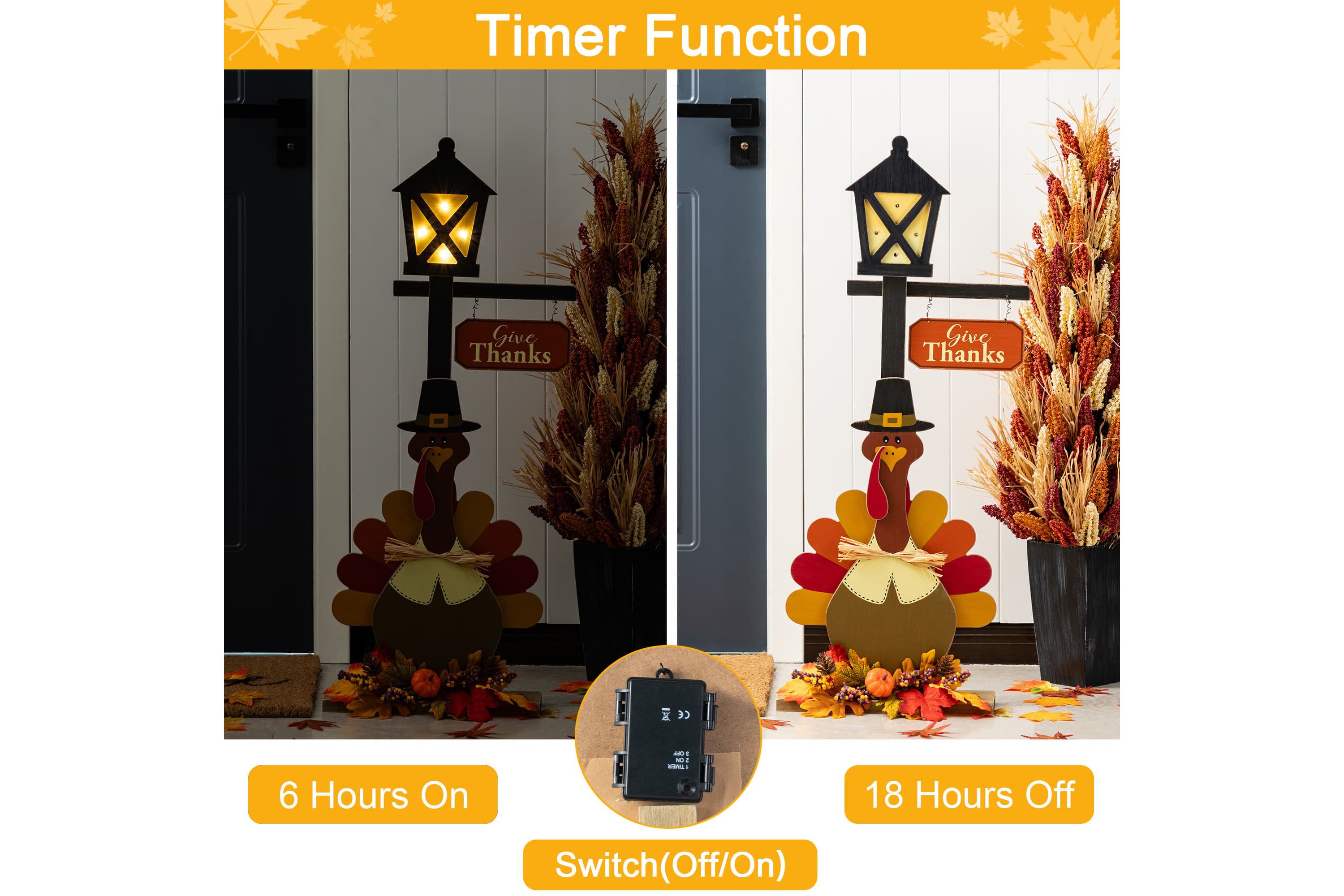 36"H Thanksgiving Lighted Wooden Turkey Lamp Post Porch Decor(KD)