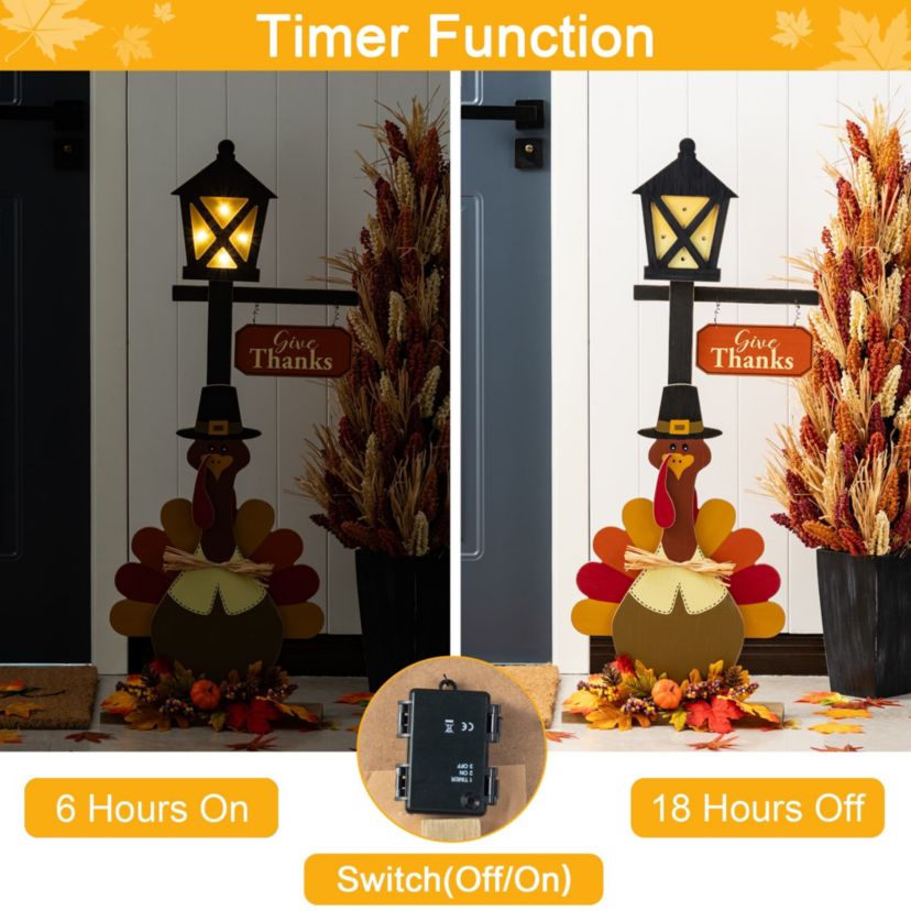 36"H Thanksgiving Lighted Wooden Turkey Lamp Post Porch Decor(KD)