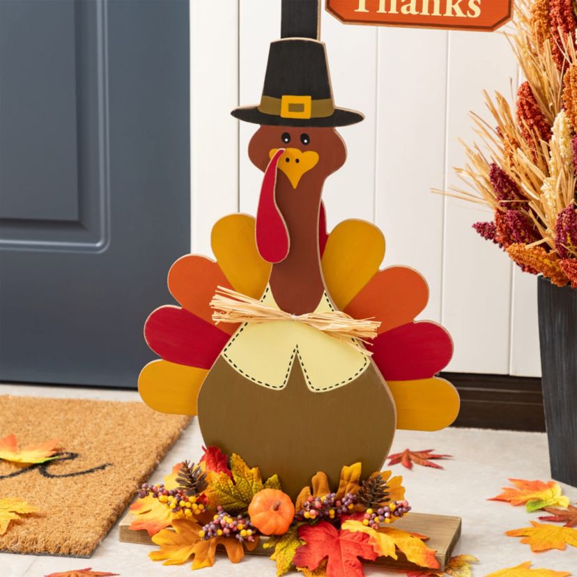 36"H Thanksgiving Lighted Wooden Turkey Lamp Post Porch Decor(KD)