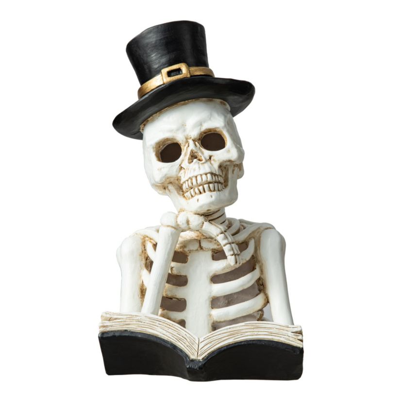 10.25"H Halloween Lighted Resin Skull Reading Book Table Decor