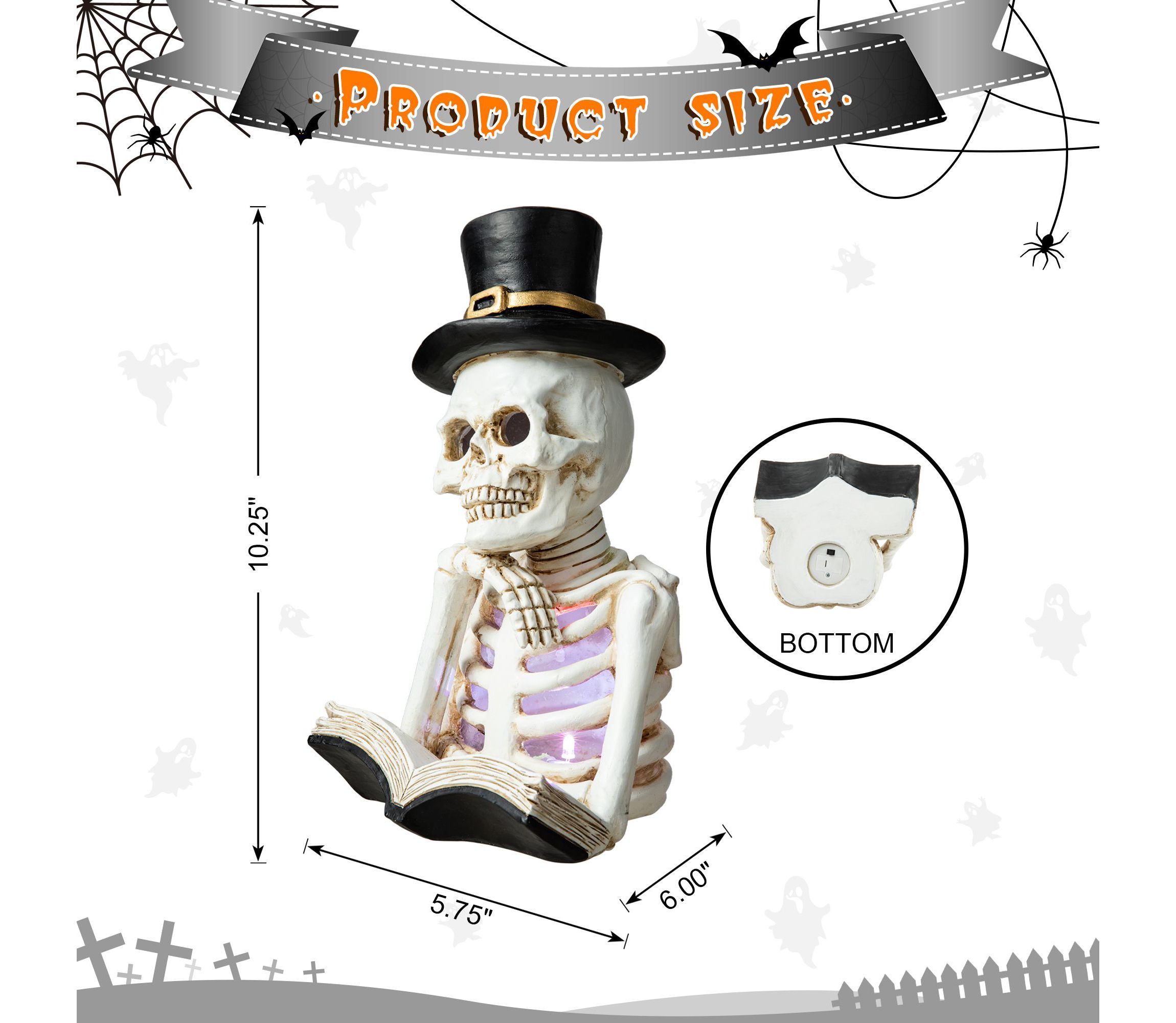 10.25"H Halloween Lighted Resin Skull Reading Book Table Decor