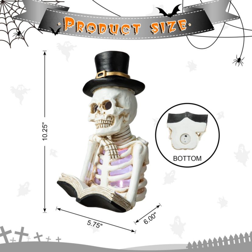 10.25"H Halloween Lighted Resin Skull Reading Book Table Decor