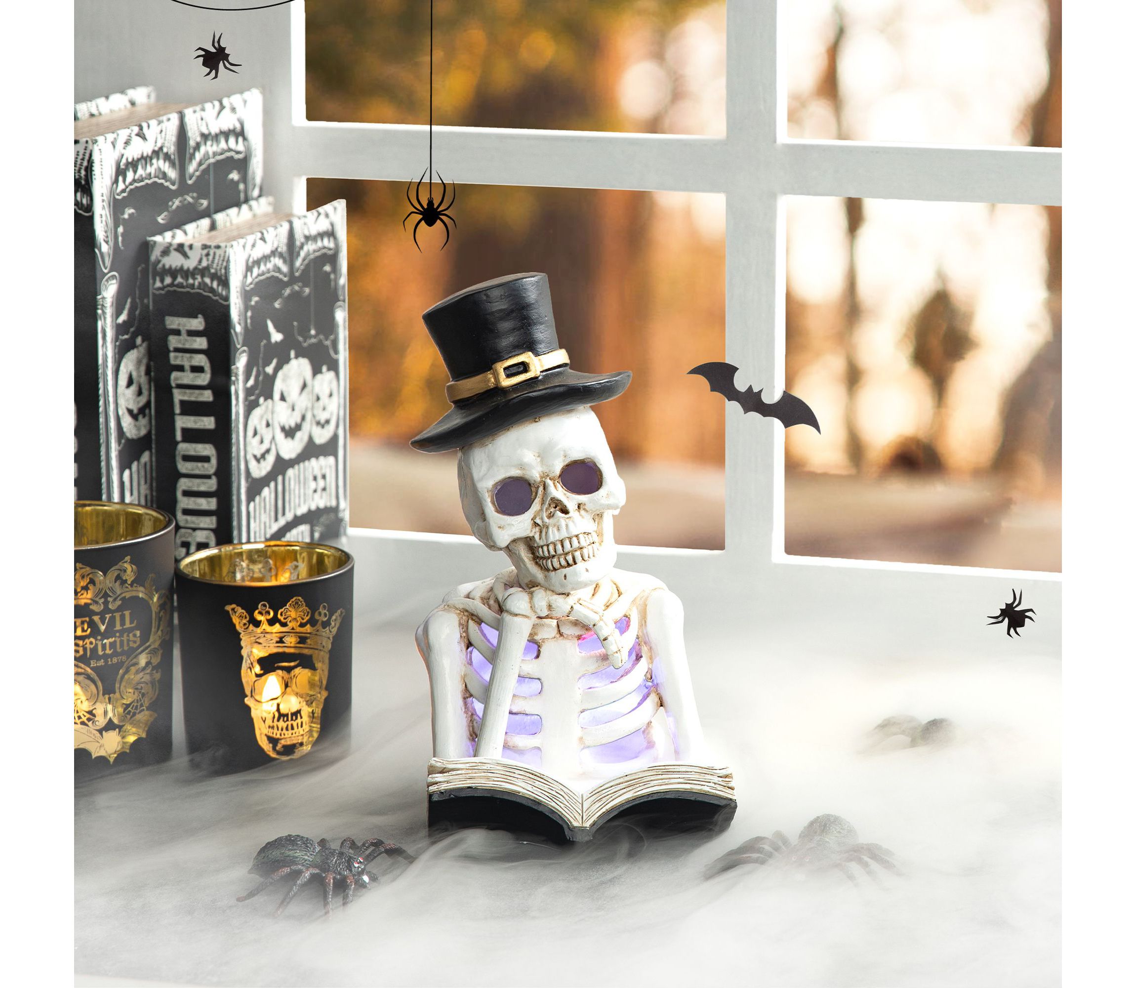 10.25"H Halloween Lighted Resin Skull Reading Book Table Decor