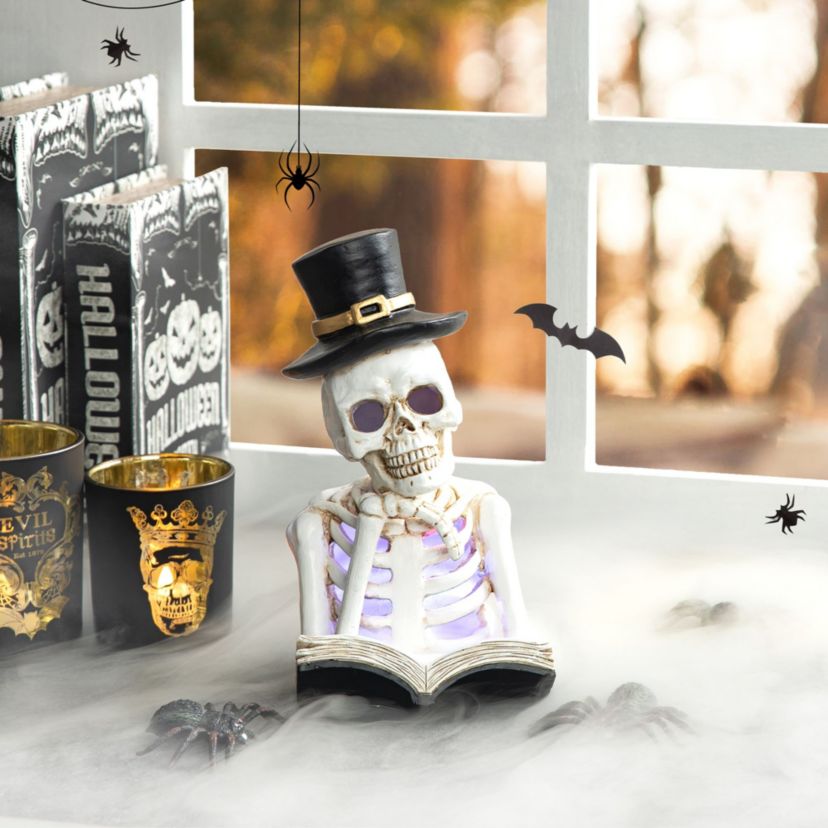10.25"H Halloween Lighted Resin Skull Reading Book Table Decor