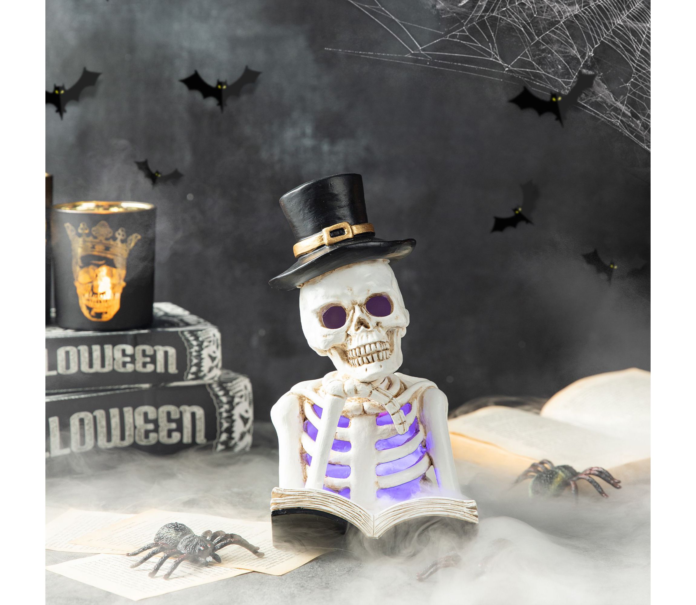 10.25"H Halloween Lighted Resin Skull Reading Book Table Decor