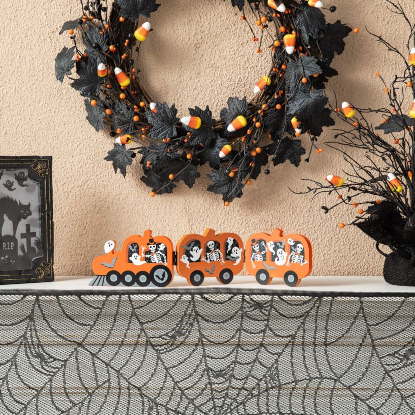 16"L Halloween Skeletons  and Ghosts Hinged Pumpkin Train Table Decor