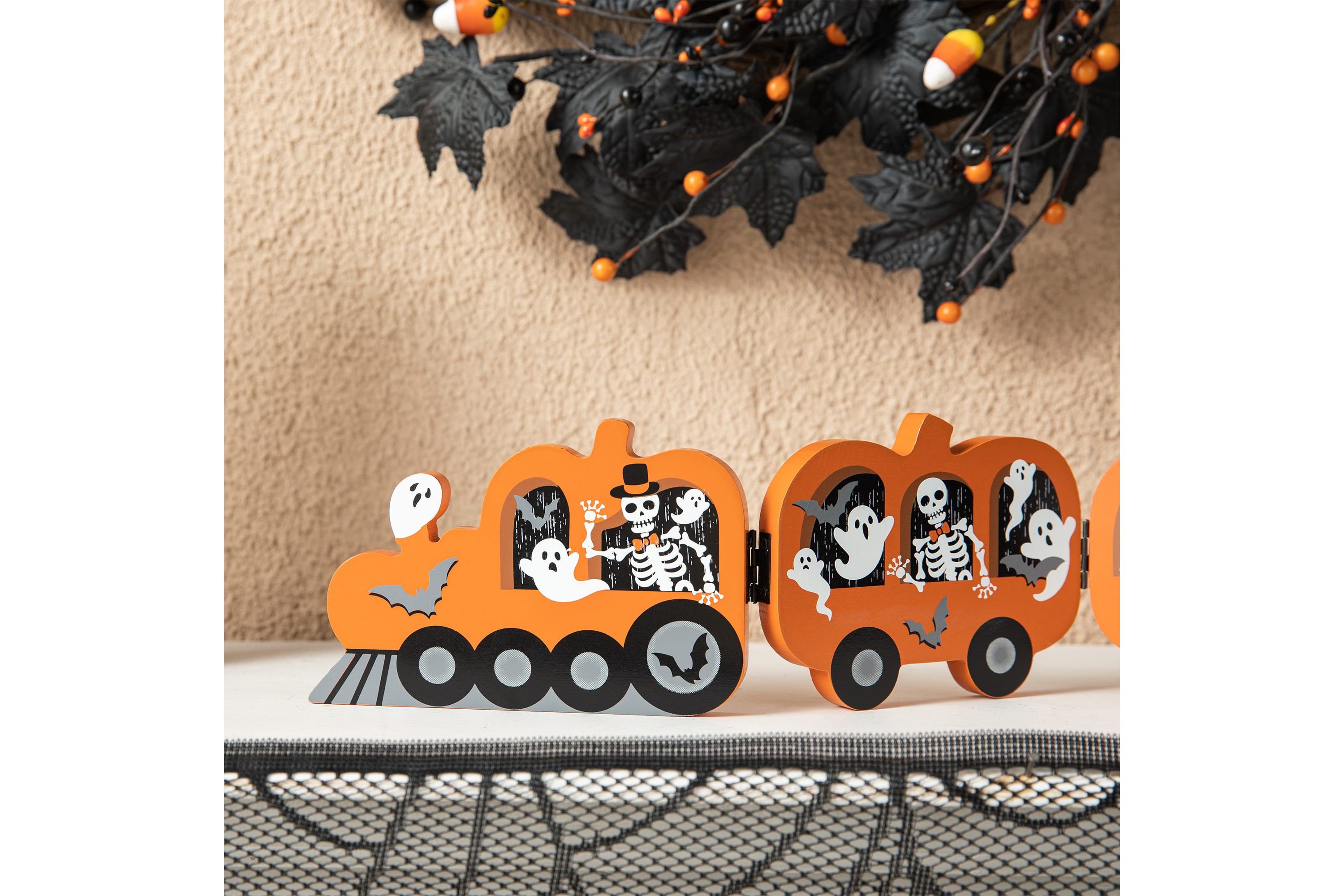 16"L Halloween Skeletons  and Ghosts Hinged Pumpkin Train Table Decor