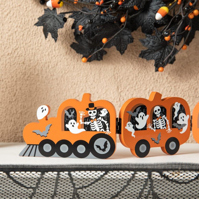 16"L Halloween Skeletons  and Ghosts Hinged Pumpkin Train Table Decor