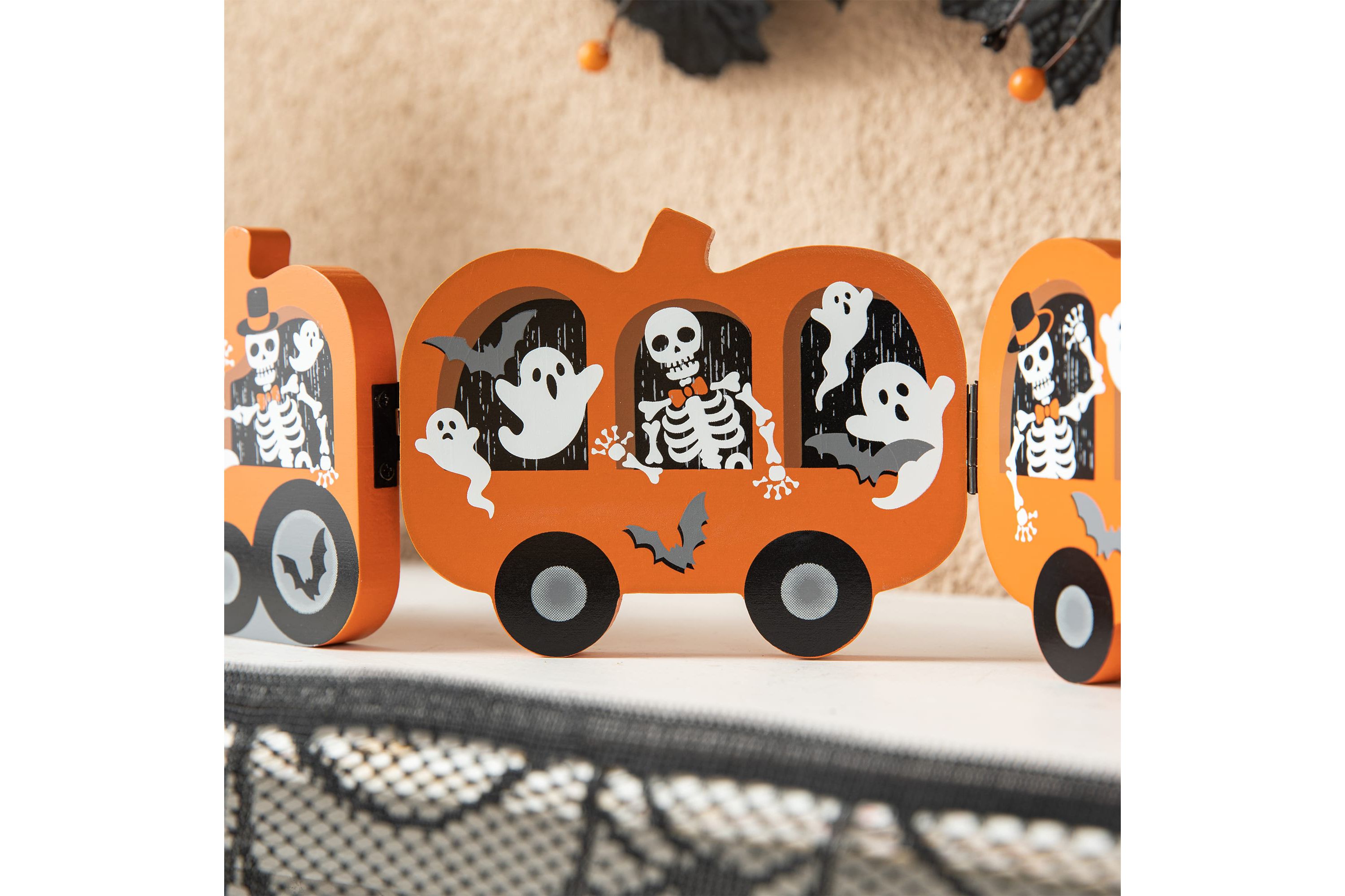 16"L Halloween Skeletons  and Ghosts Hinged Pumpkin Train Table Decor
