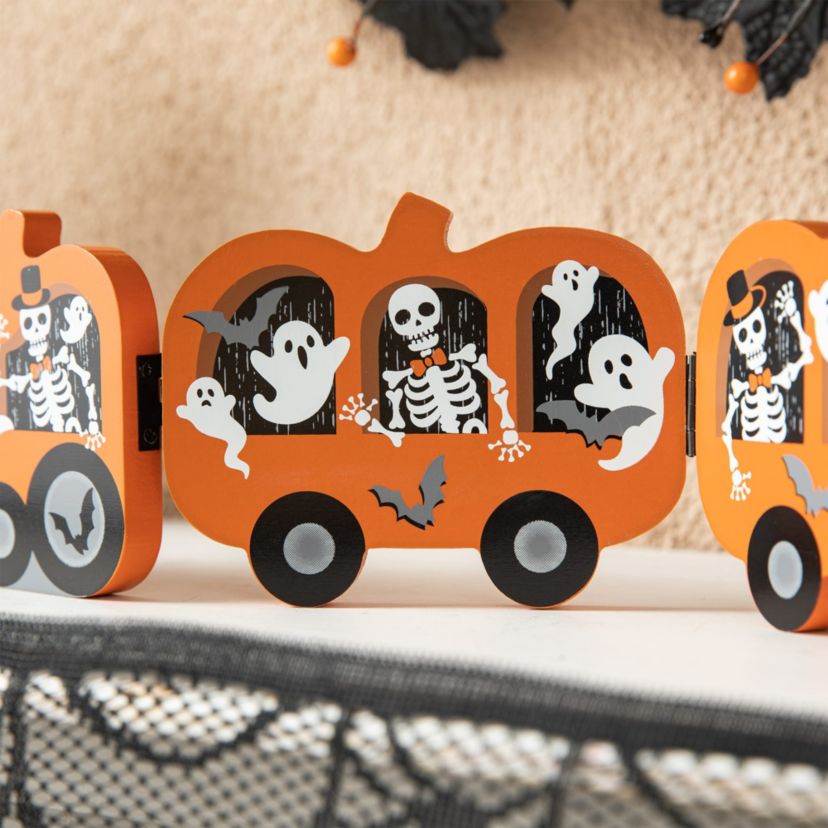 16"L Halloween Skeletons  and Ghosts Hinged Pumpkin Train Table Decor