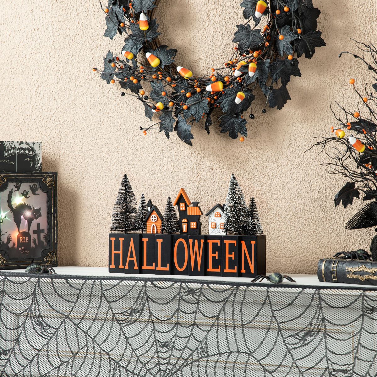14"L Halloween Wooden "HALLOWEEN" Haunted House Table Sign
