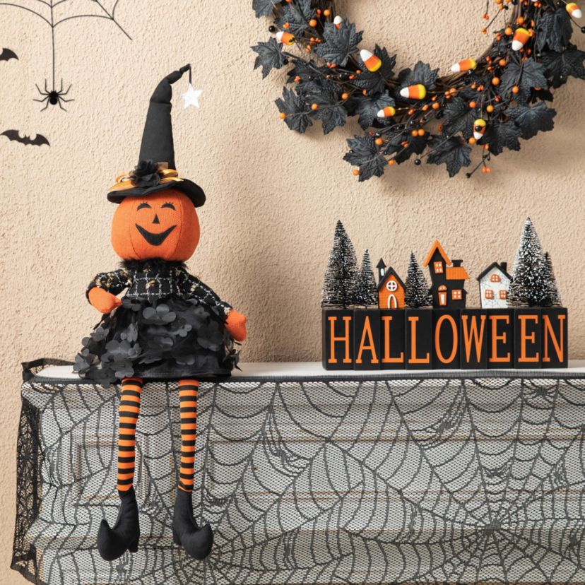 30"H Halloween Fabric Dressed Pumpkin Sitter