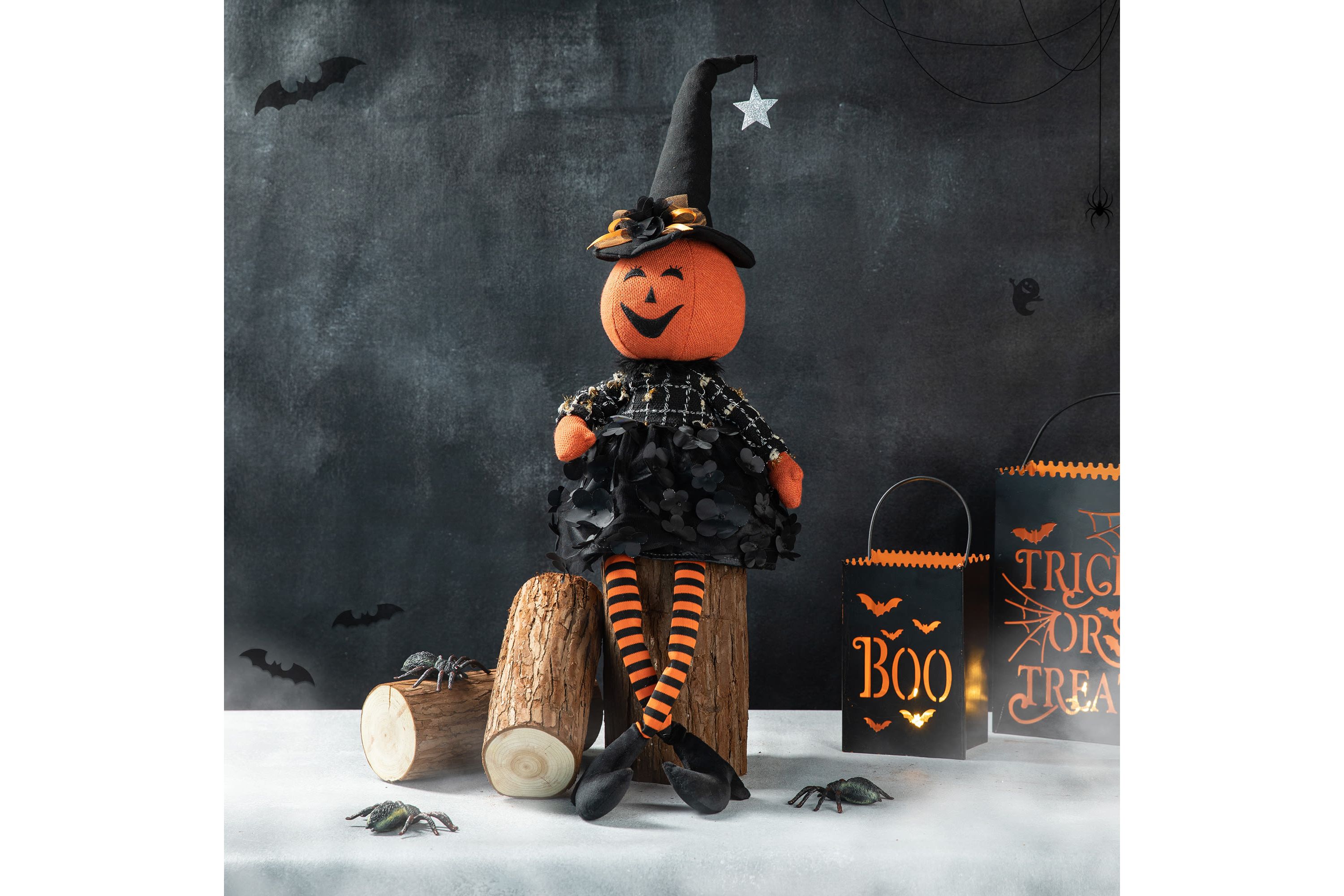 30"H Halloween Fabric Dressed Pumpkin Sitter