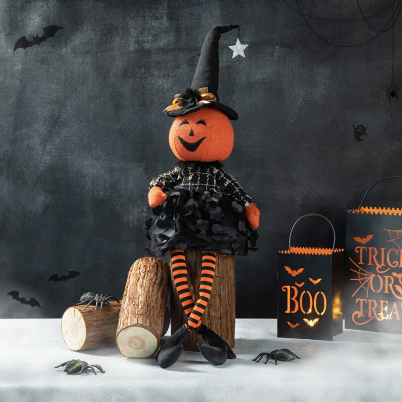 30"H Halloween Fabric Dressed Pumpkin Sitter