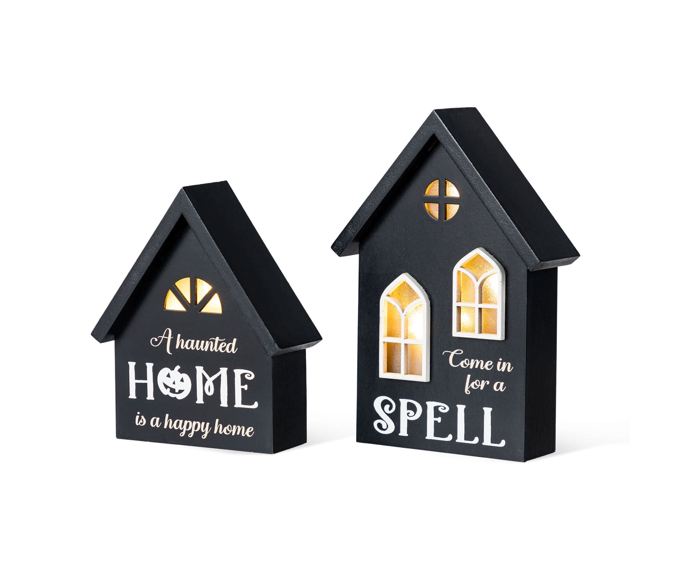 8"H S/2 Lighted Halloween Wooden Hauted House Table Decor