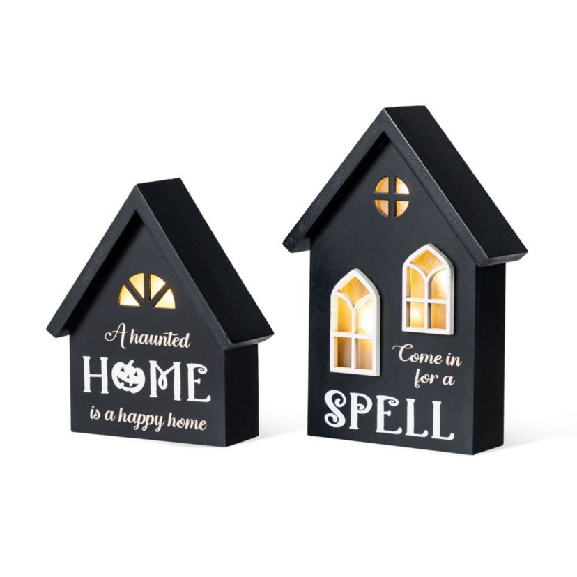 8"H S/2 Lighted Halloween Wooden Hauted House Table Decor