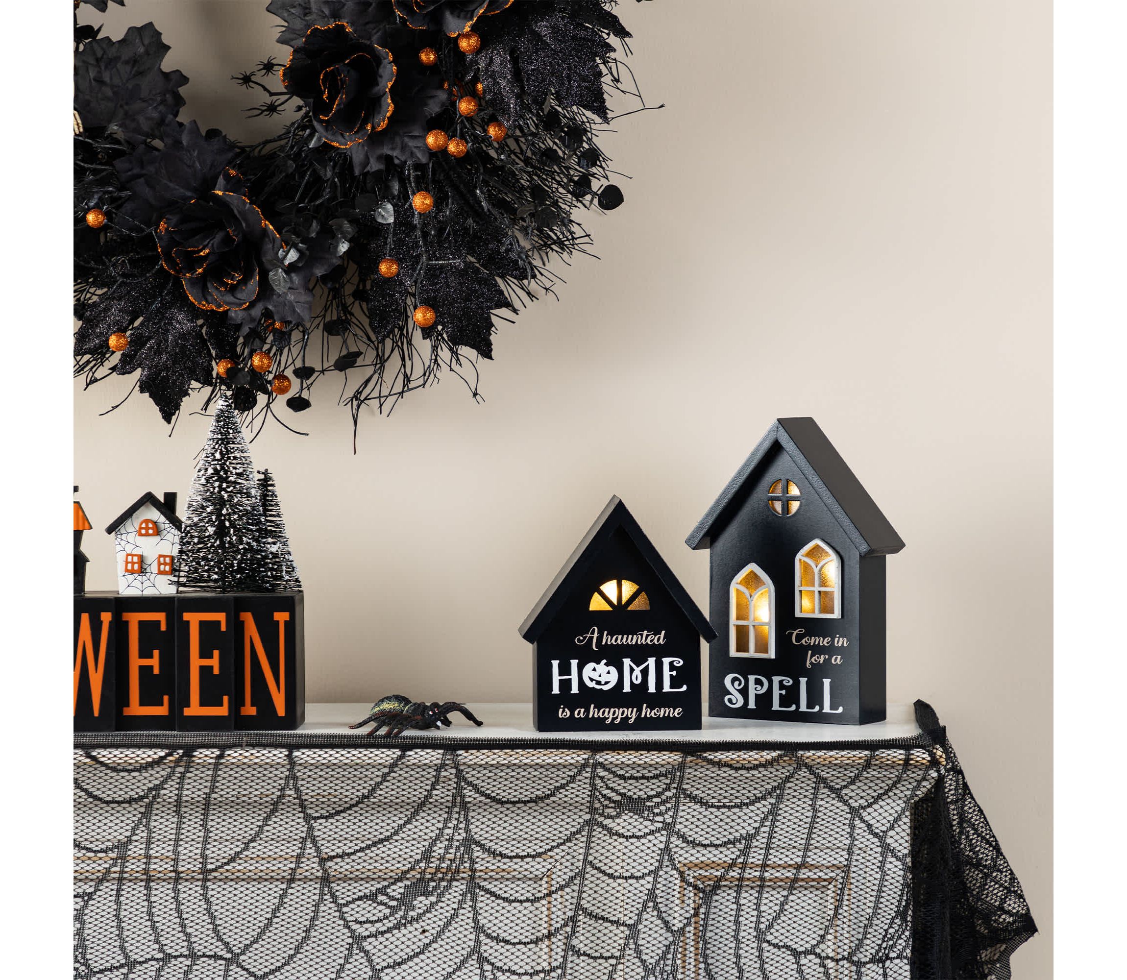 8"H S/2 Lighted Halloween Wooden Hauted House Table Decor