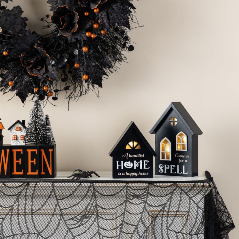 8"H S/2 Lighted Halloween Wooden Hauted House Table Decor