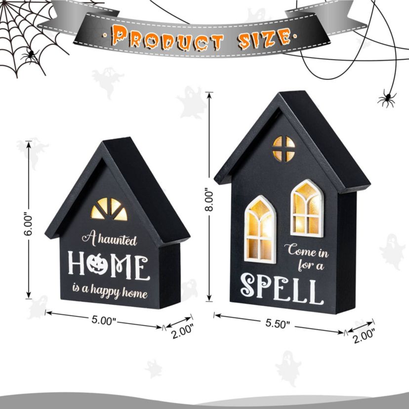 8"H S/2 Lighted Halloween Wooden Hauted House Table Decor