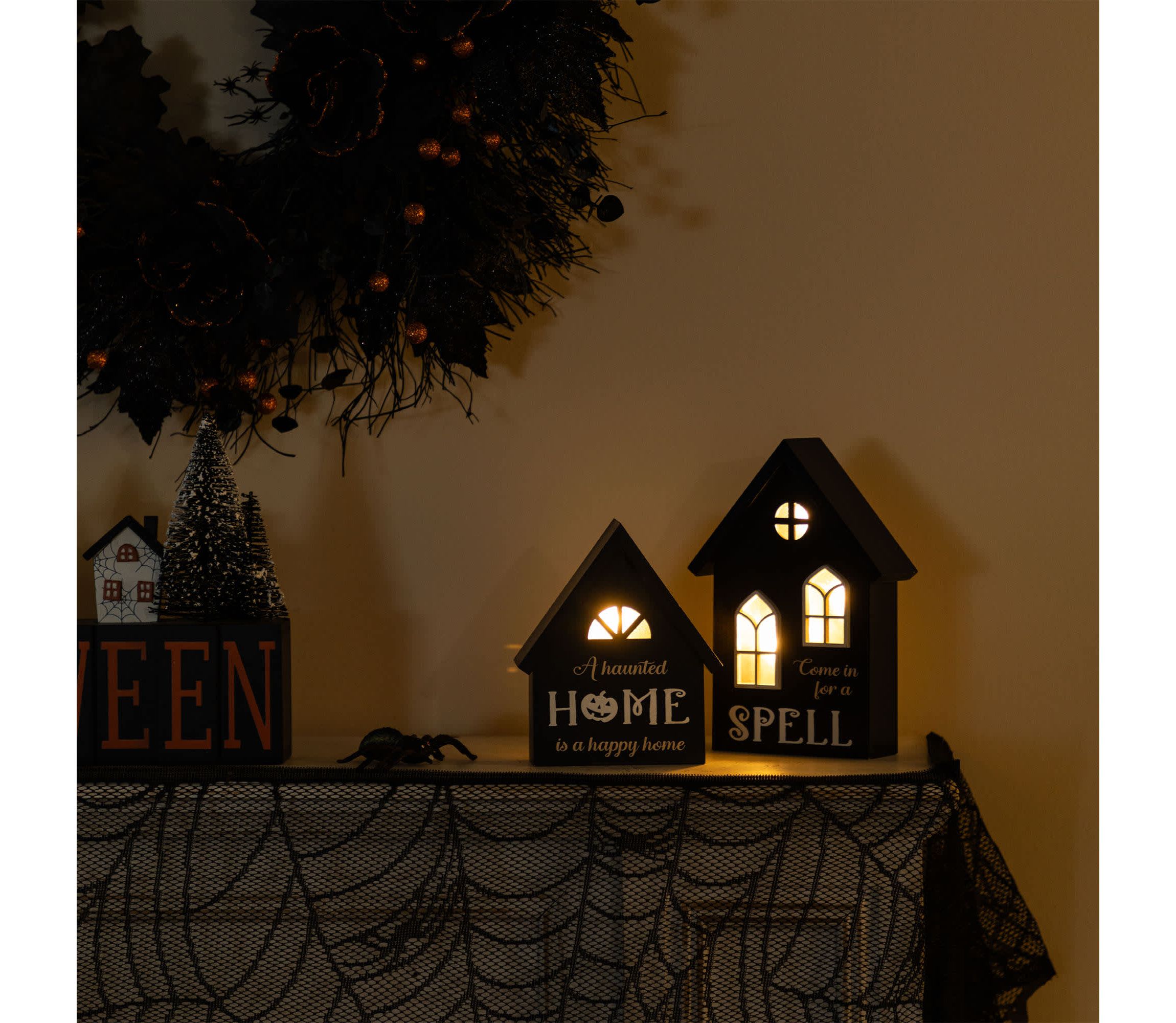 8"H S/2 Lighted Halloween Wooden Hauted House Table Decor