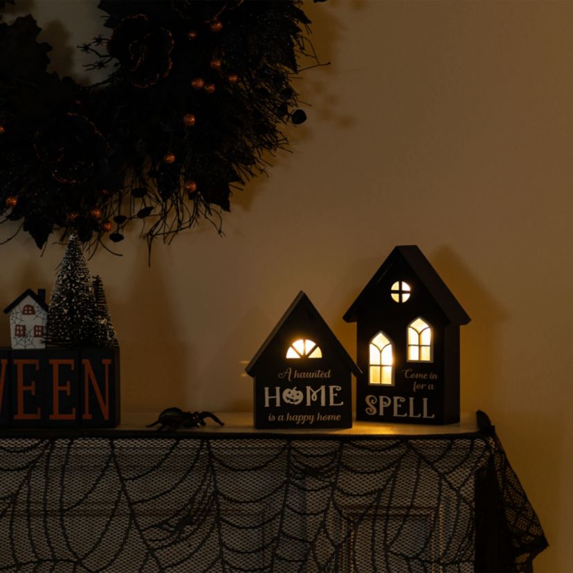 8"H S/2 Lighted Halloween Wooden Hauted House Table Decor