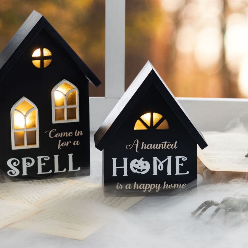 8"H S/2 Lighted Halloween Wooden Hauted House Table Decor