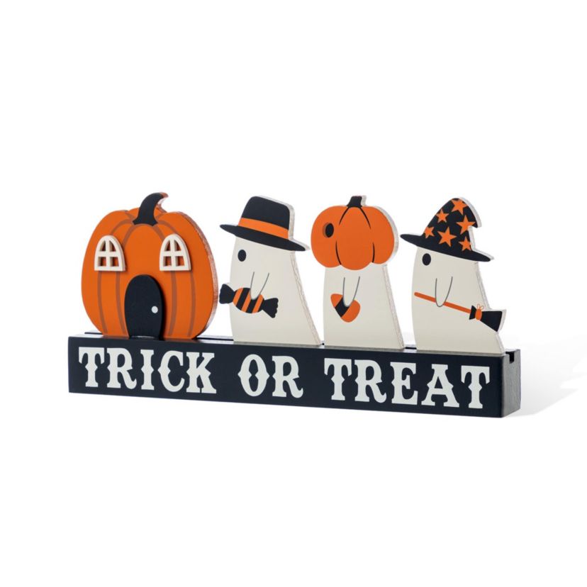 12"L Halloween Wooden TRICK OR TREAT Pumpkin & Ghosts Table Decor