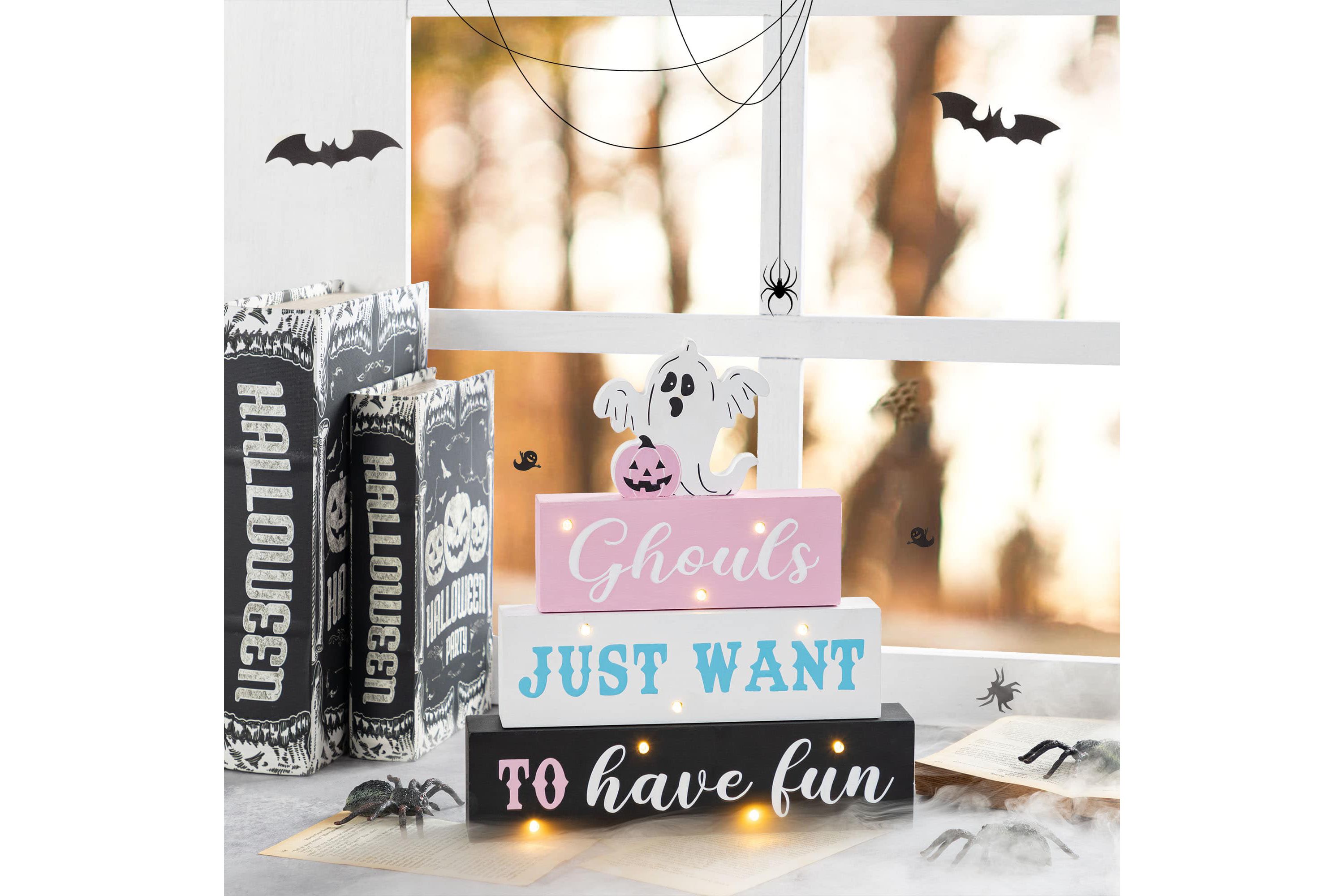 11.75"H Halloween Lighted Pink Wooden Ghost Block Word Sign
