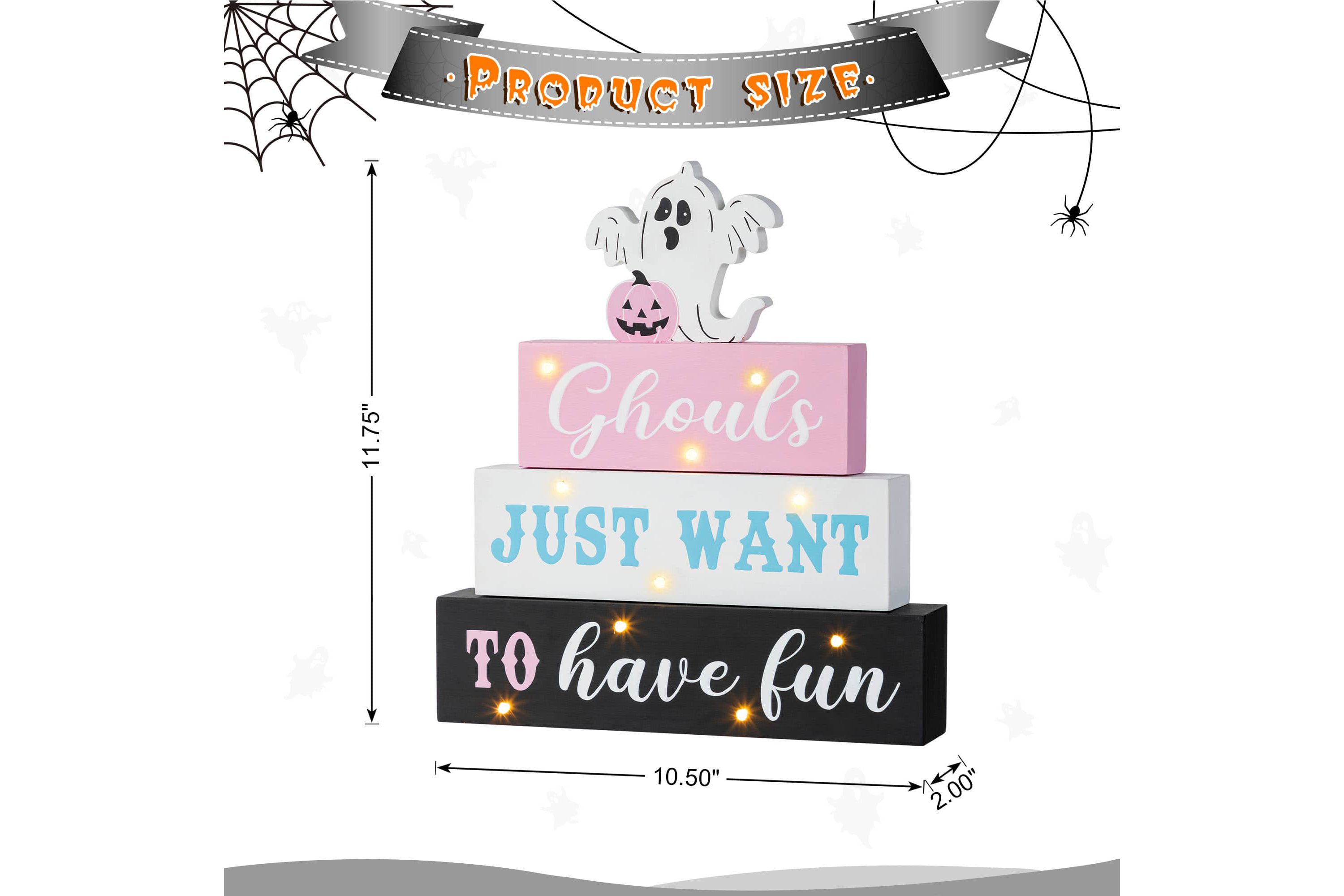 11.75"H Halloween Lighted Pink Wooden Ghost Block Word Sign