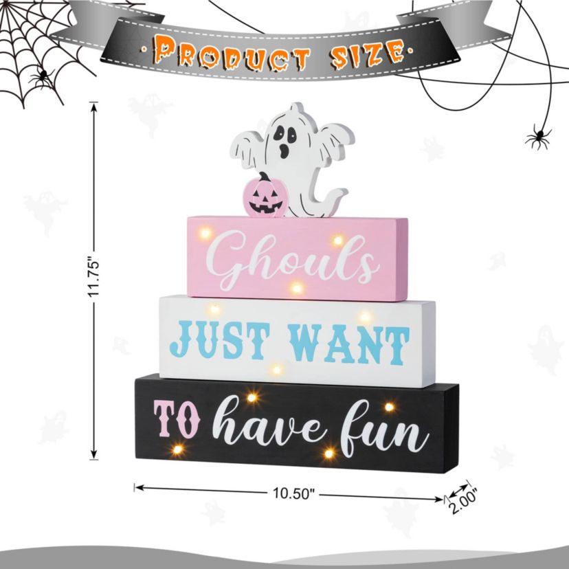 11.75"H Halloween Lighted Pink Wooden Ghost Block Word Sign