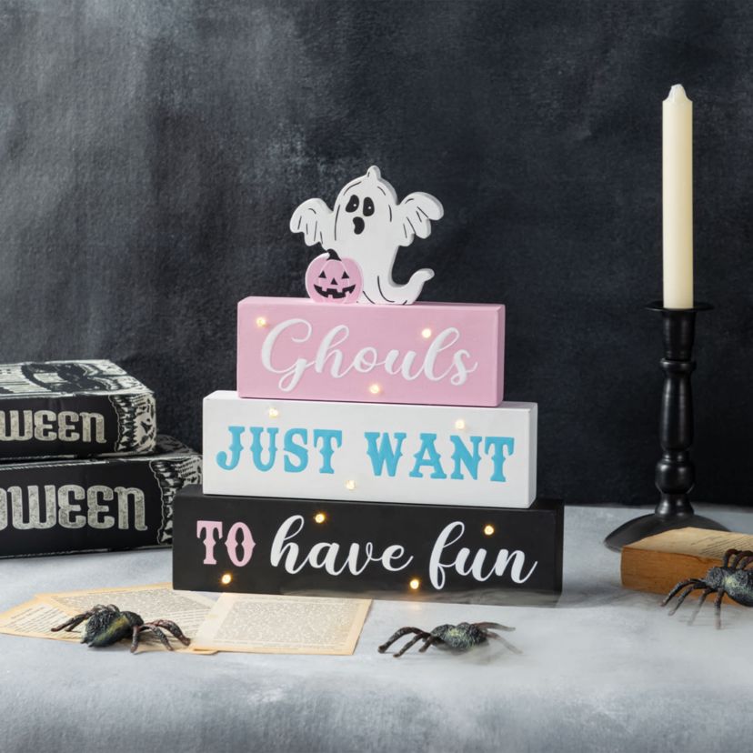 11.75"H Halloween Lighted Pink Wooden Ghost Block Word Sign