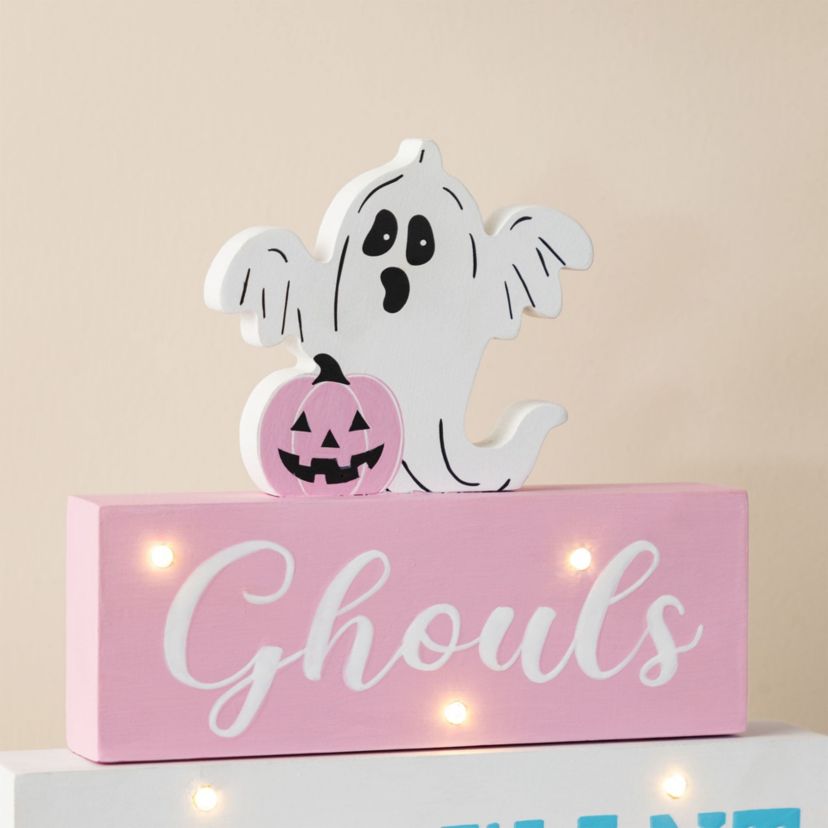 11.75"H Halloween Lighted Pink Wooden Ghost Block Word Sign