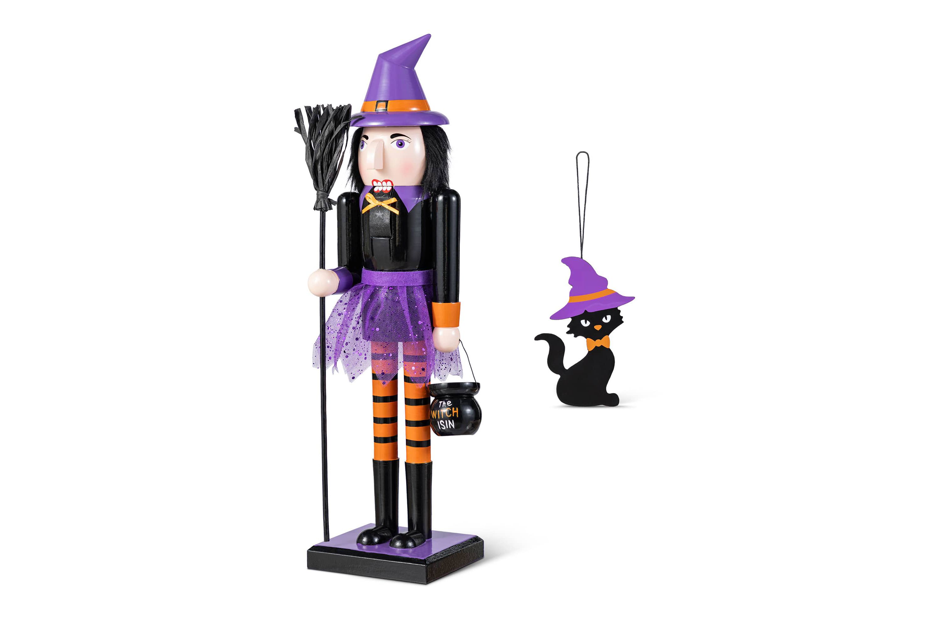 18.50"H Halloween Wood Witch Nutcracker w/Witch Cat Ornament