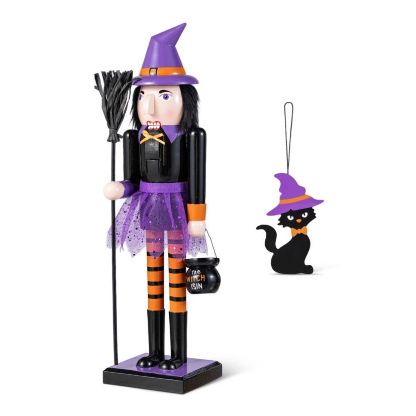 18.50"H Halloween Wood Witch Nutcracker w/Witch Cat Ornament