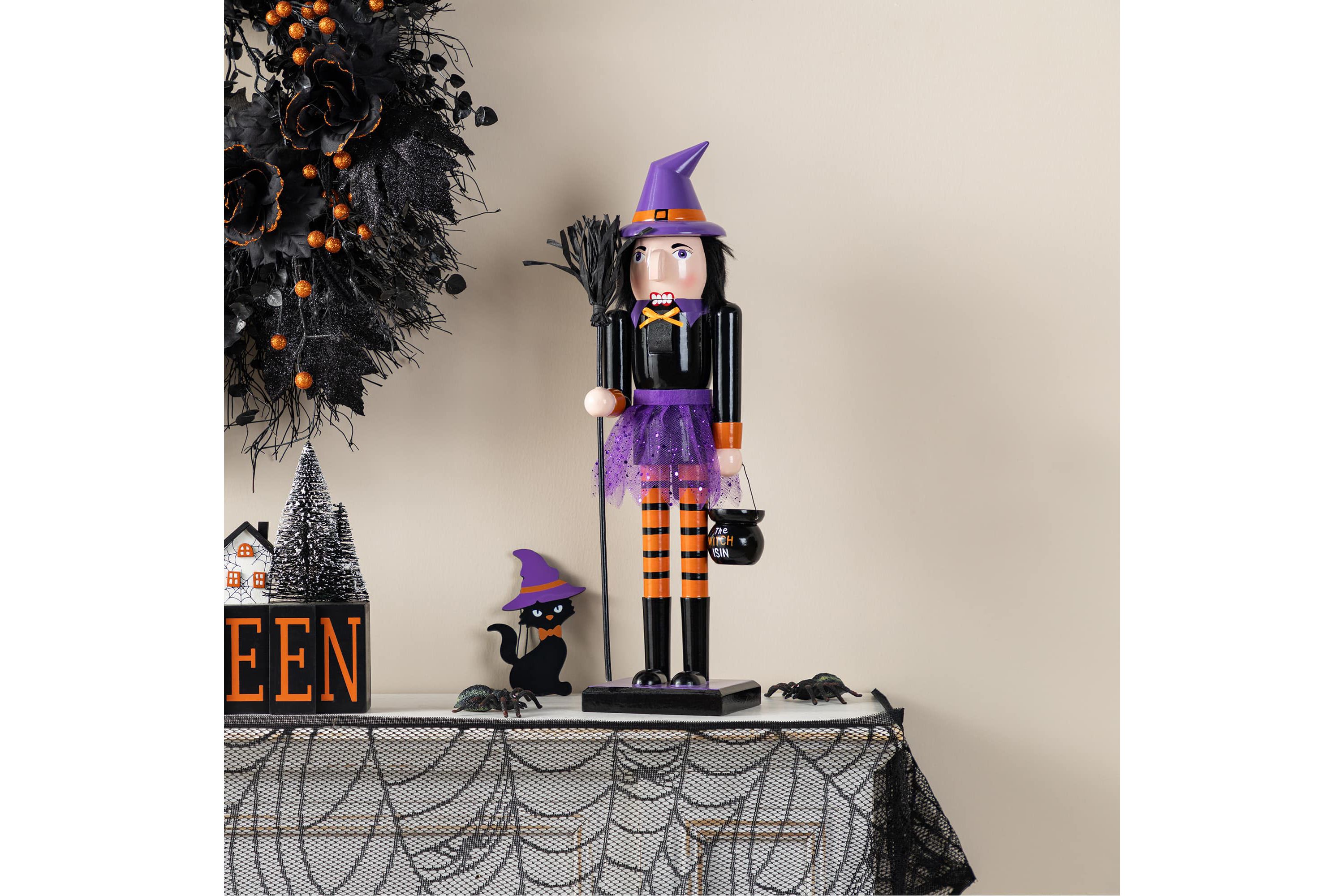 18.50"H Halloween Wood Witch Nutcracker w/Witch Cat Ornament