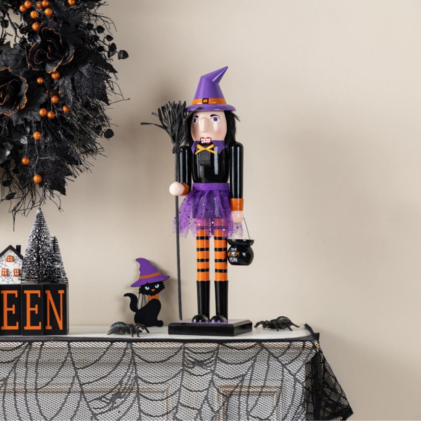 18.50"H Halloween Wood Witch Nutcracker w/Witch Cat Ornament